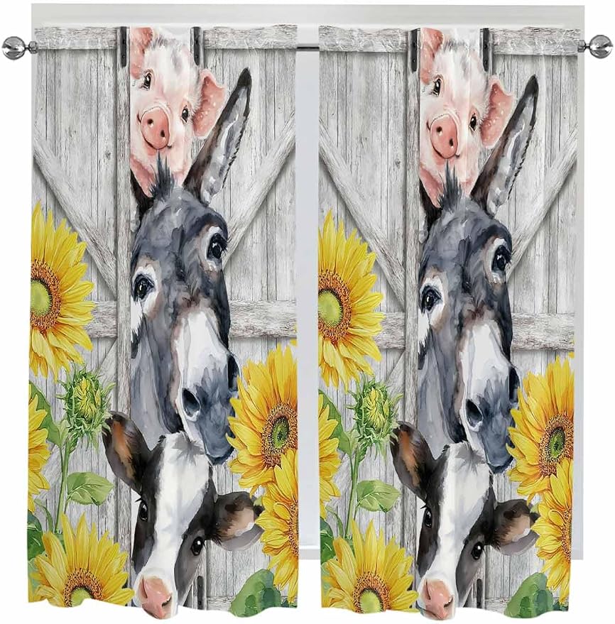 Farmhouse Bedroom Curtains 63 Inches length, Watercolor Sunflowers Animals by Unknown