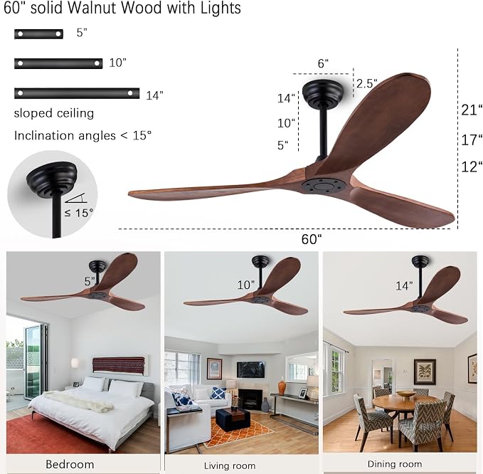 QUTWOB 60" Wood Ceiling Fan, Remote Control, 3 Wooden Blades, Indoor/Outdoor - Image 2