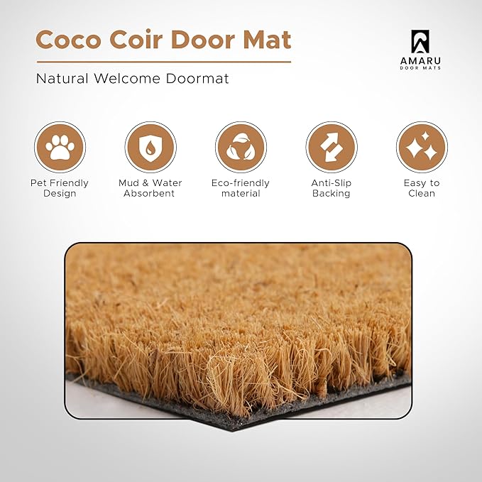 Bee - 17"x29" - Coir Door Mat with Heavy Duty Backing - Welcome Mats for Entryway, Porch - Anti-Slip PVC & Coconut Fiber Surface - Natural Home Accessories, Minimalist Original Design
