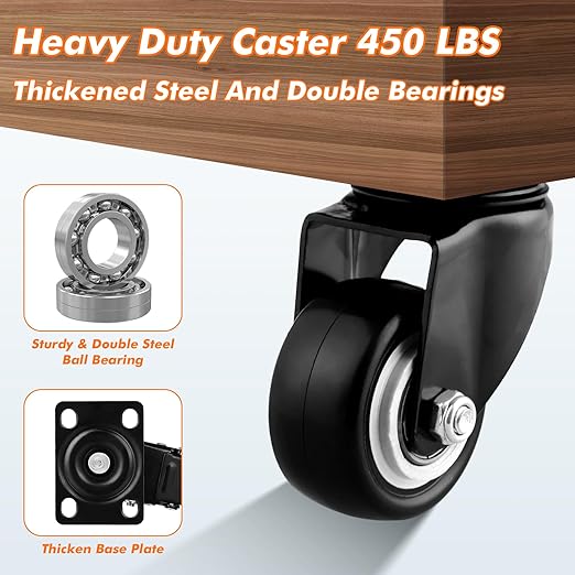 1.5" Casters Set of 8 Heavy-Duty Industrial Caster Wheels Without Brake PU - Image 4