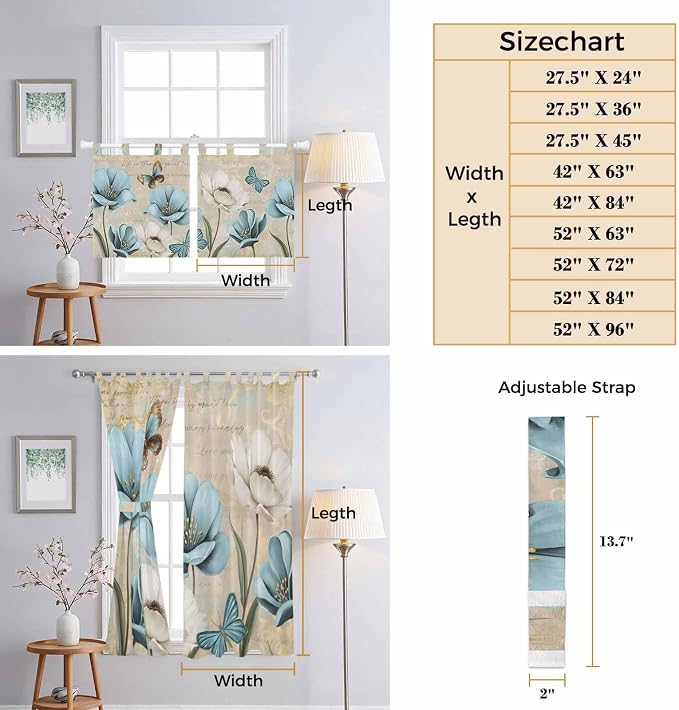 Spring Flowers Kitchen Curtains 24 Inch Length, Small Window Curtains Tab Top - Image 8