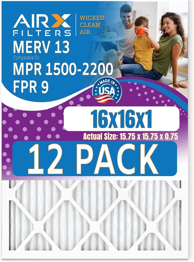 16x16x1 Air Filter MERV 13 Rating, 12 Pack of Furnace Filters Comparable to MPR by AIRXFILTERSWICKEDCLEANAIR