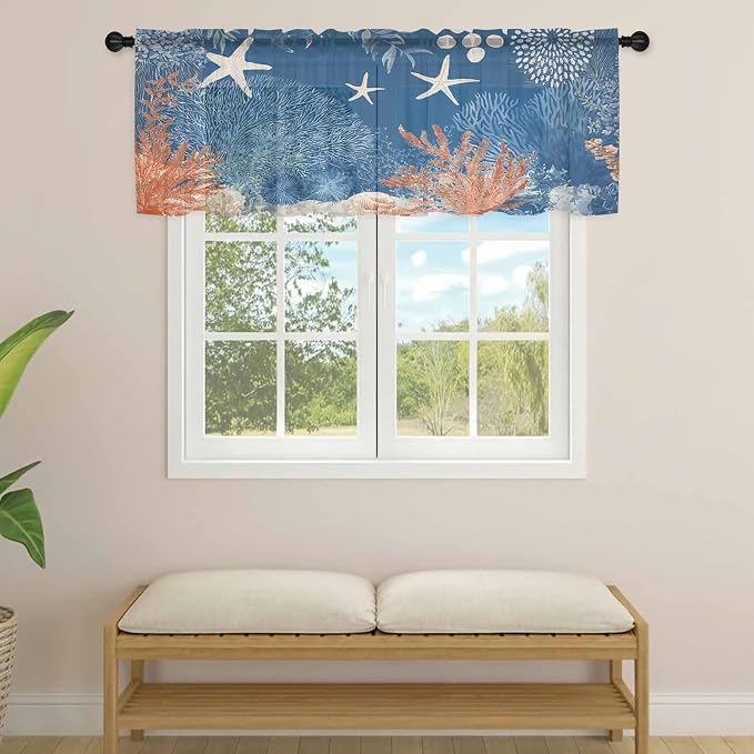 Ocean Corals Sheer Valance Curtains, Summer Beach Coral Sea Stars Dark Blue - Image 4