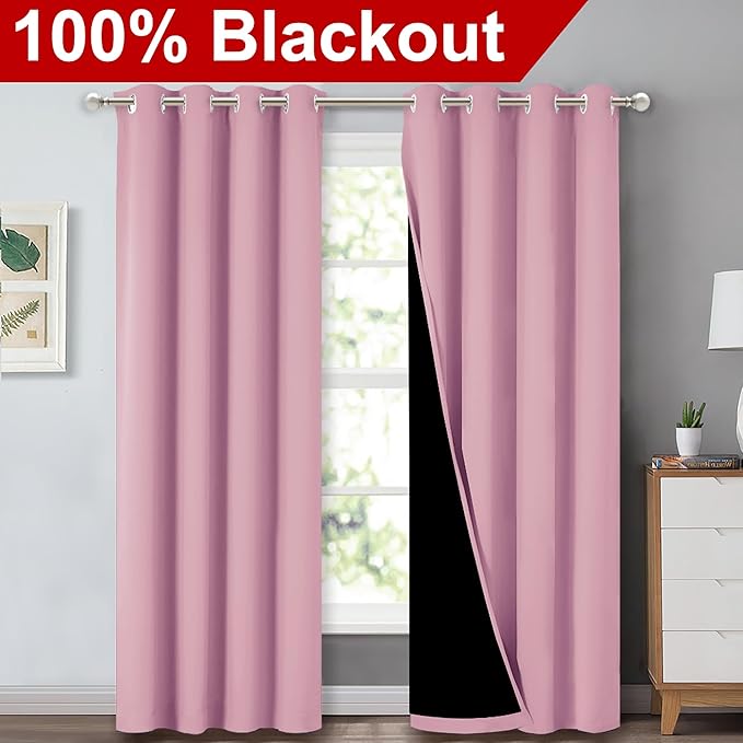 NICETOWN Crystal Pink Full Shade Curtain Panels, Pair of Energy Smart & Noise Blocking Out Blackout Drapes for Dining Room Window, Thermal Insulated Guest Room Lined Window Dressing, 52 x 84 inch