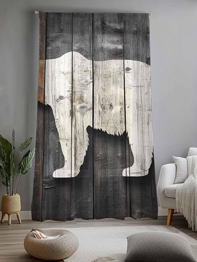 Sheer Curtains 96 Inches Long, Vintage White Brown Bear Semi Sheer Curtains - Image 2