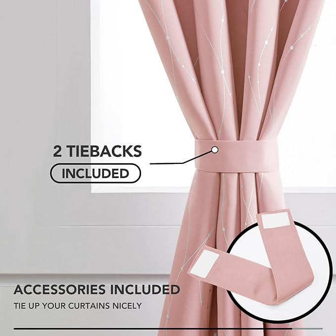 Deconovo Pink Curtains, Blackout Drapes, Thermal Insulated Soundproof Curtain, Silver Wave Dots Print, 52 x 72 Inch Long, Machine Washable Window Panels for Girls Bedroom Living Room Nursery, Set of 2