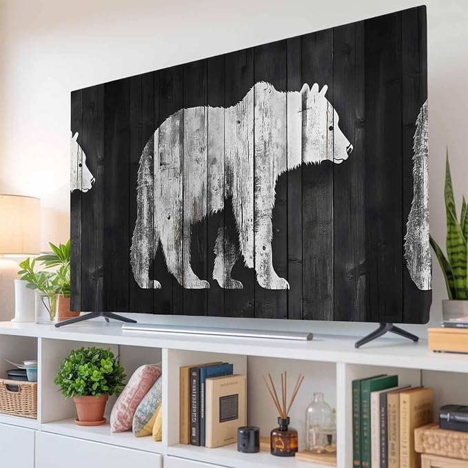 Brown Bear Silhouette Indoor TV Cover, Elastic TV Screen Protector Retro Wooden - Image 6