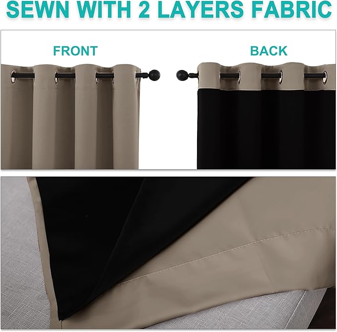 NICETOWN 100% Blackout Short Curtains with Black Liners, 2 Panels, 37" W by 60" L, Taupe, Solid Thermal Insulated Full Blackout 2-Layer Lined Drapes, Energy Efficiency Window Draperies for Bedroom