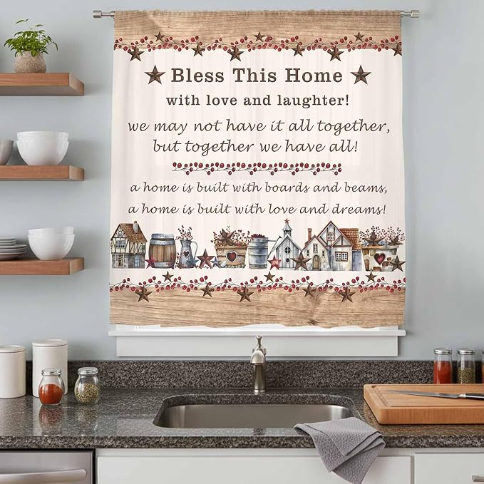 Farmhouse Sheer Curtains 63 Inch Length Country Star Barn Berry Brown Wood - Image 8