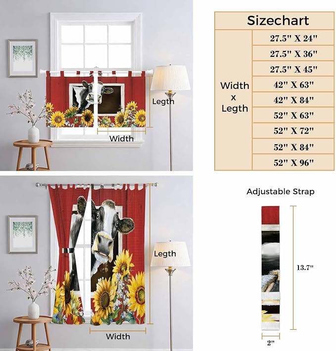 Cows Sunflowers Kitchen Curtains 45 Inch Length, Short Cafe Window Curtains Tab - Image 8