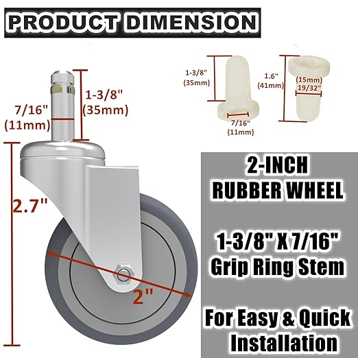 RILIDRI 2-Inch Swivel Stem Caster, 7/16-Inch Stem Diameter Rubber Wheel - Image 2
