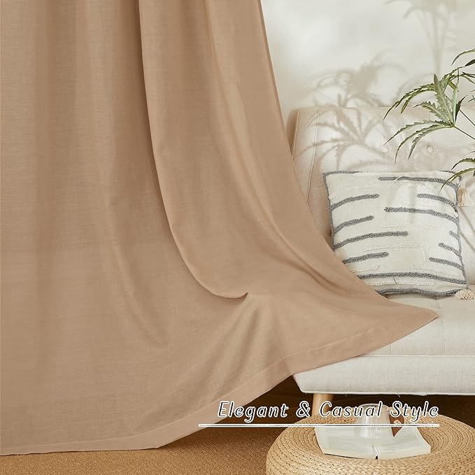 NICETOWN Rustic Linen 132 inch Long Curtains for Living Room, Grommet Privacy Added Thick Linen Weave with Light Filter Window Curtains & Drapes for Bedroom, Camel, W55 x L132, 2 Panels