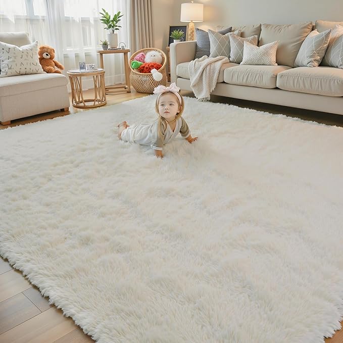 Area Rugs 9x12 Living Room, Shaggy Carpet Soft Plush Furry Bedside Rug Large Area Rugs for Bedroom Kids Girls Boys Home Decor Anti Slip(9 x 12, Cream)