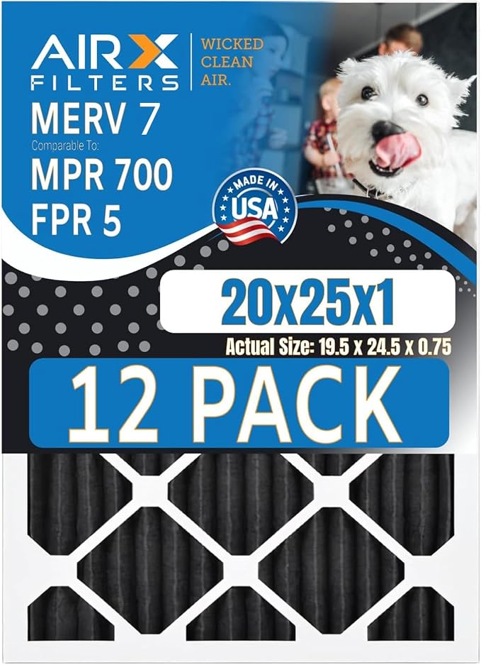20x25x1 Air Filter MERV 7 Rating, 12 Pack of Furnace Filters Comparable to MPR by AIRXFILTERSWICKEDCLEANAIR