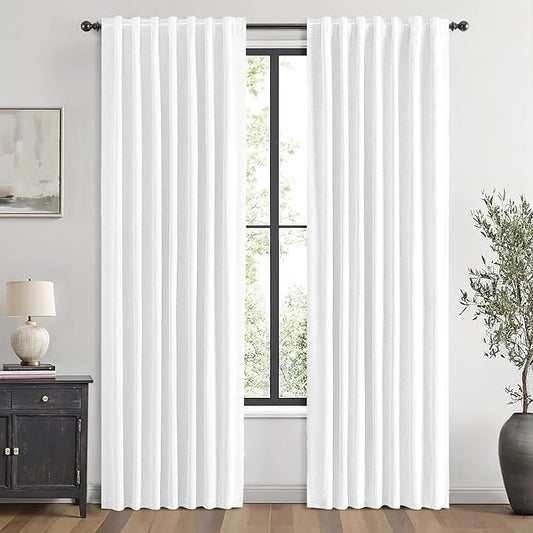 MIULEE 100% Blackout Linen Curtains for Bedroom, Bright White Solid Luxury Decor Thermal Insulation Room Darkening Drapes for Living Room Nursery Back Tab Rod Pocket 42 x 84 Inches, 2 Panels
