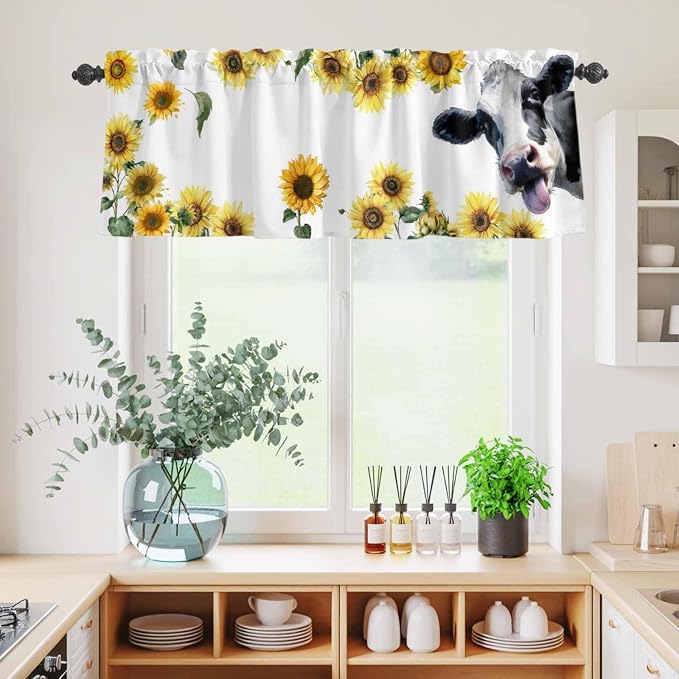 Kitchen Curtains Tiers and Valance Set of 3, Cow Sunflowers Light Filtering - Image 4