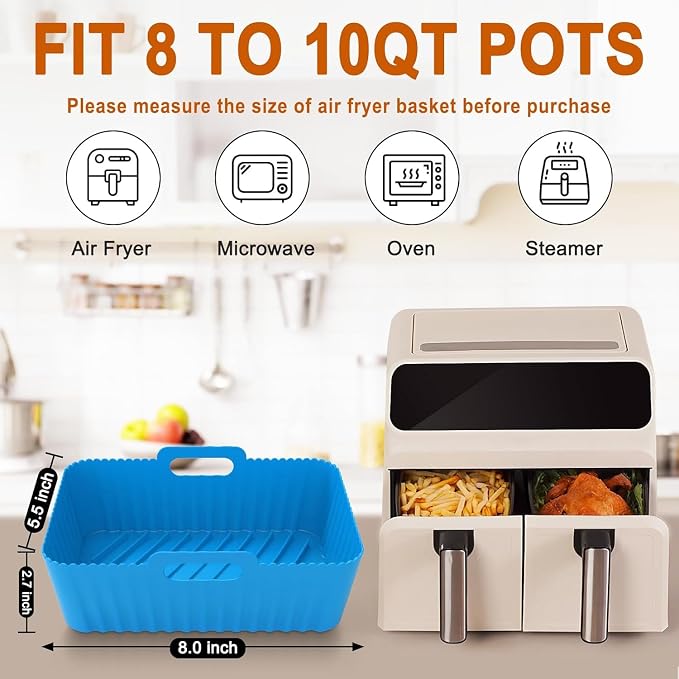 Silicone Air Fryer Liners Rectangle 2 Pack 8.0 Inch Airfryer Liners 8-10 QT - Image 2