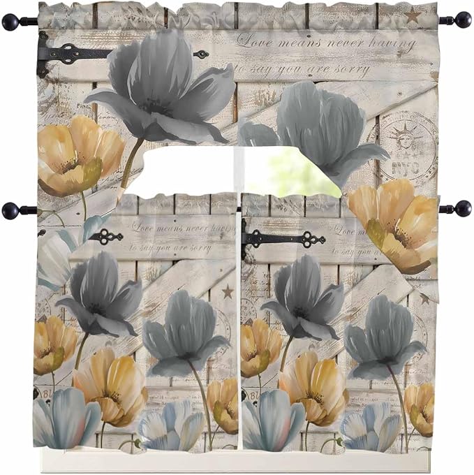 Vintage Tulip Swag Kitchen Curtains Valance and Tier Set, Farmhouse Retro Blue by Unknown