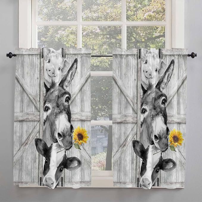 Grey Farmhouse Tier Curtains 45 Inches Long, Vintage Sunflowers Animals Printed - Image 2