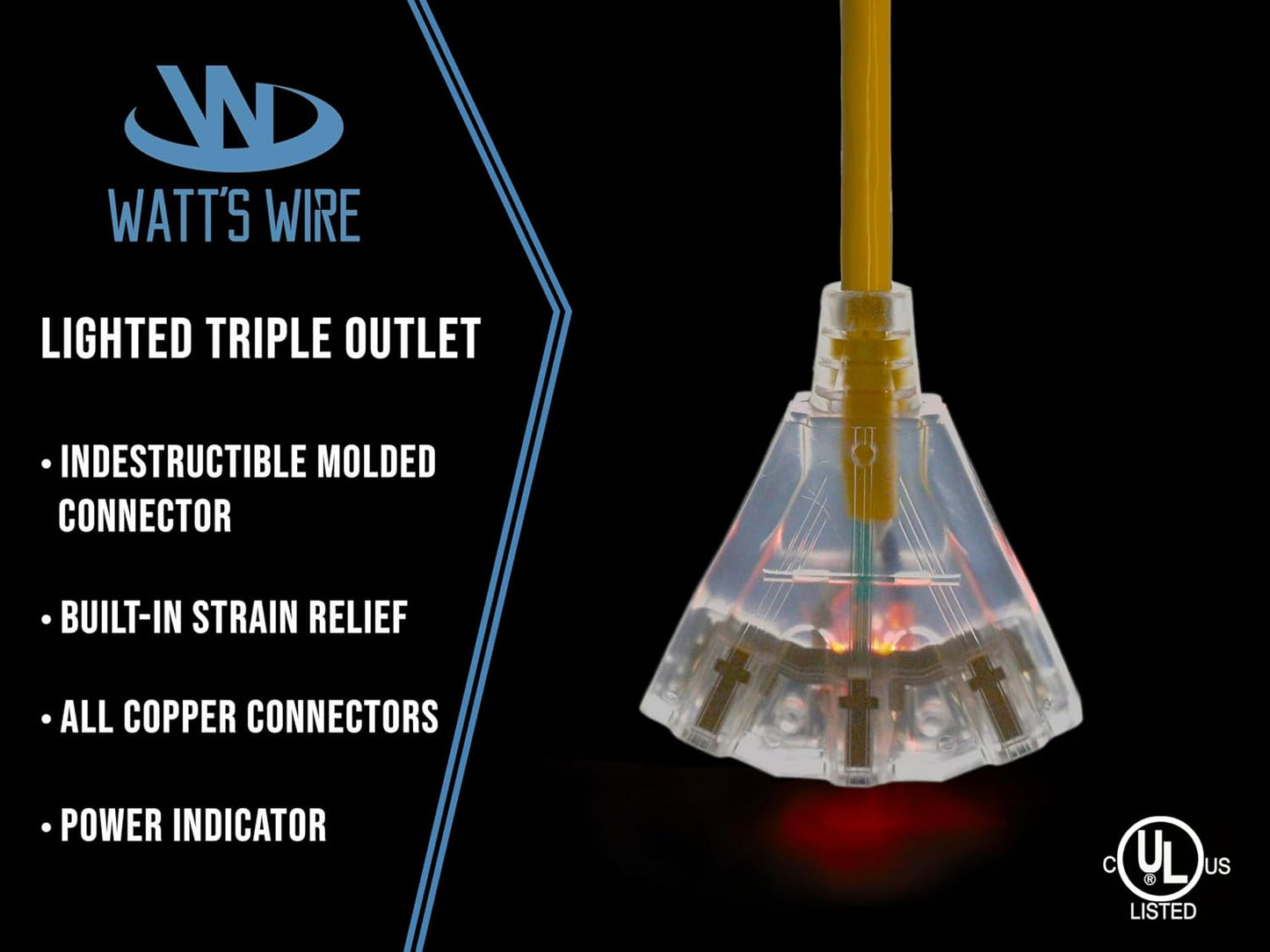 10 ft - 12 Gauge Heavy Duty Extension Cord - 3 Outlet Lighted SJTW - Indoor/Outdoor Extension_Cord by Watt's Wire - 10' 12-Gauge Grounded 15 Amp ExtensionCord Splitter