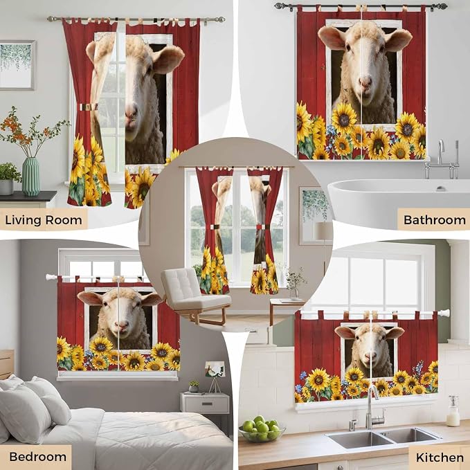 Sheep Sunflower Kitchen Curtains 45 Inch Length, Short Cafe Window Curtains Tab - Image 7
