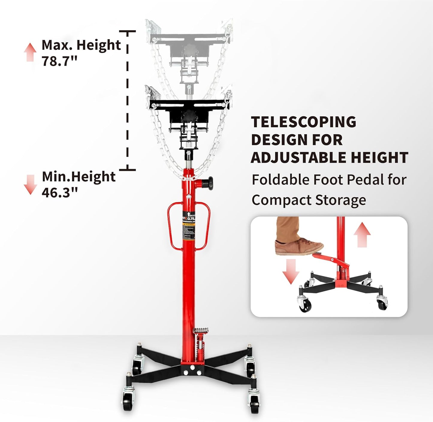 0.75 Ton (1660 lbs) Hydraulic Telescoping Transmission Jack with 360° Swivel Wheels, Foldable Foot Pedal, Adjustable Garage/Shop Lift Hoist for Auto Repair & Vehicle Maintenance