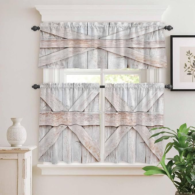 Kitchen Window Curtains Valance and Tier Set, Farmhouse Retro Wooden Barn Rod - Image 5