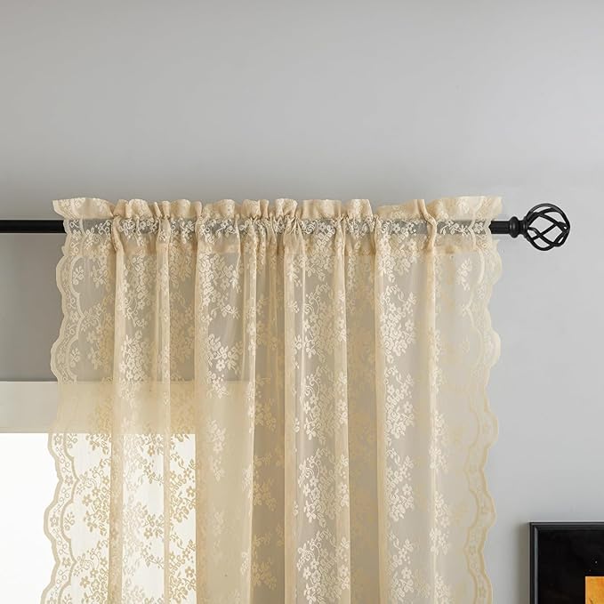 YJ YANJUN Vintage Lace Curtains 132 Inches Long-Victorian Floral Fancy Beige Sheer Curtain Panels for Living Room Bedroom,Light Filtering, Boho 70s Grandma Core Decor 2 Panels 52W x 132L