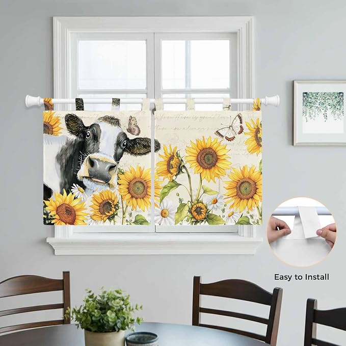 Yellow Sunflowers Kitchen Curtains 36 Inch Length, Small Window Curtains Tab Top - Image 4