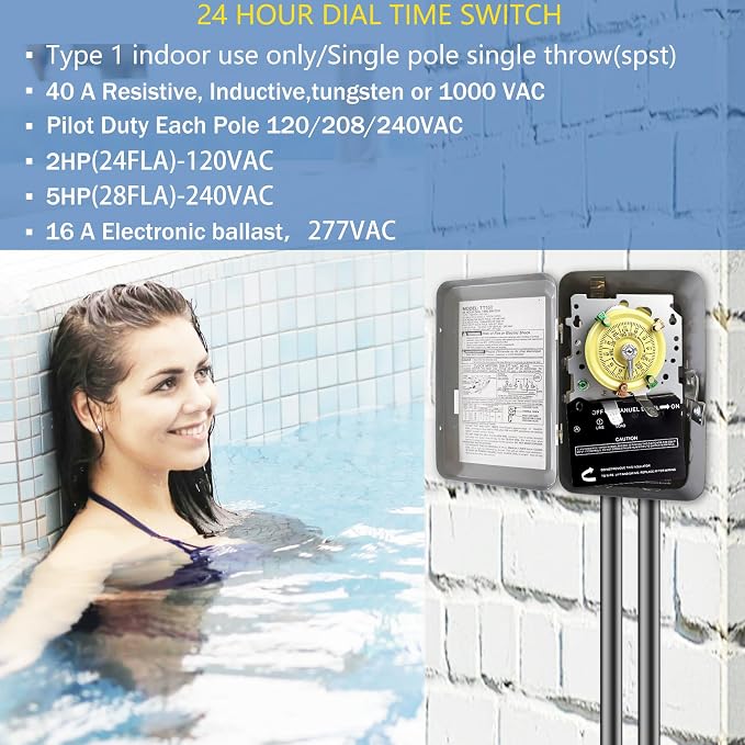 T101 Mechanical Timer Switch, T101 Pool Timer, 120V 2HP SPST 40A Time Switch - Image 4