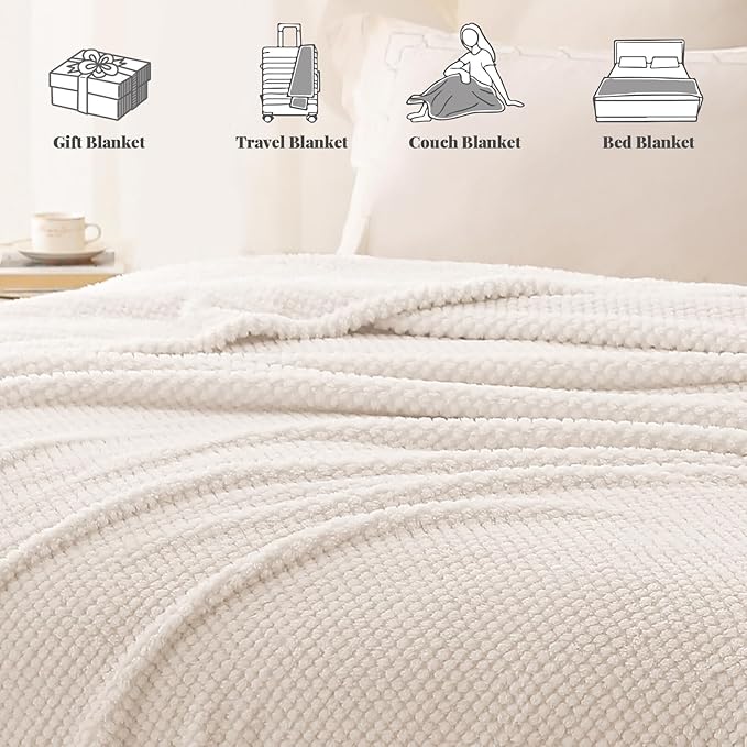 Whale Flotilla Twin Size Fuzzy Fleece Blanket for Bed, 60x80 Inch Fluffy Warm Soft Jacquard Blankets for All Season, Lightweight and Cozy, Ivory