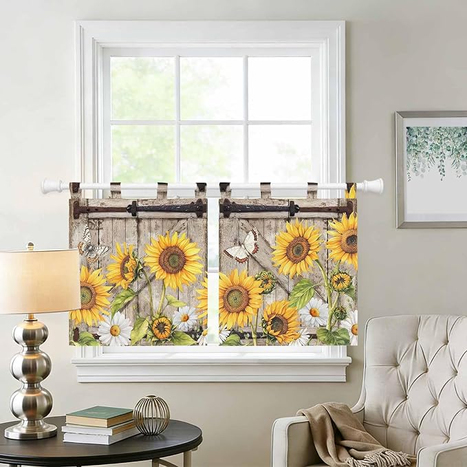 Farmhouse Sunflowers Kitchen Curtains 24 Inch Length, Small Window Curtains Tab - Image 2