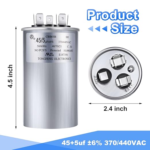 Frienda 45/5 μF Dual Run AC Capacitor 370V/440VAC, 45+5 MFD CBB65 Round - Image 2