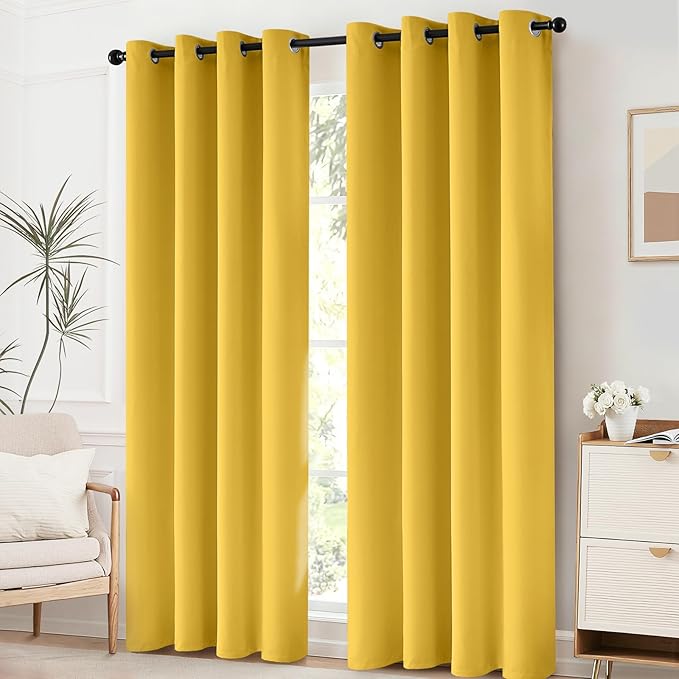 Yakamok Grommet Room Darkening Soft Thermal Insulated Mustard Yellow Blackout Curtains Window Panels for Bedroom, Width 52 Inch by Length 96 Inch, Two Curtain Panels