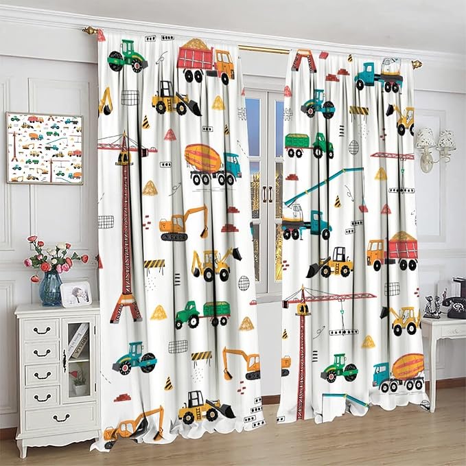 Construction Window Curtains, Kids Cartoon Construction Machines Building Hand - Image 3