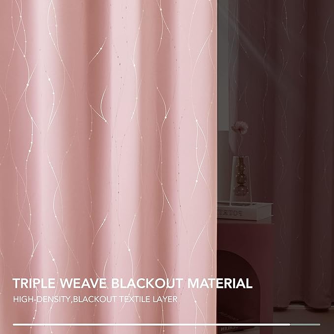 Deconovo Pink Blackout Curtains for Bedroom, Thermal Insulated Soundproof Pravicy Curtain, Silver Wave Dots Print, 42 x 84 Inch Long, Machine Washable Window Panels for Kids Room Nursery, Set of 2