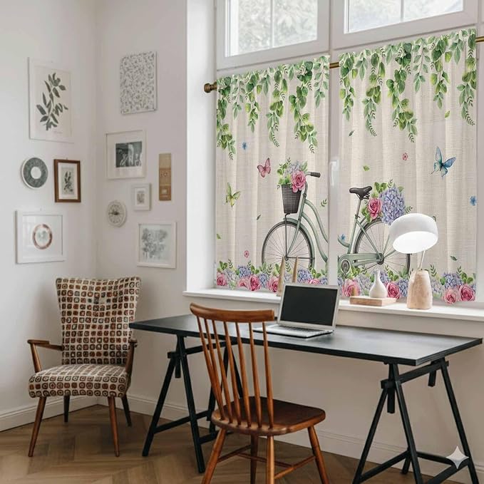 Farmhouse Spring Kitchen Curtains, Retro Bicycles Flowers Vines Butterfly Light - Image 6