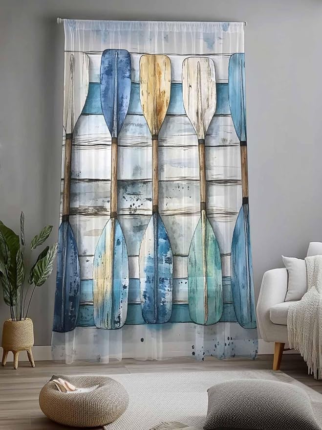 Sheer Curtains 96 Inches Long, Lake Paddle Striped Semi Sheer Curtains Light - Image 2