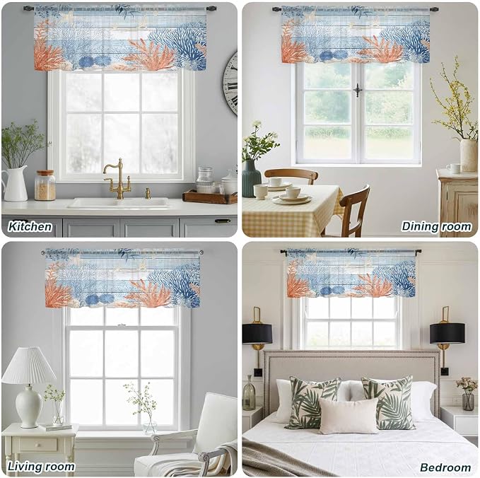Ocean Corals Sheer Valance Curtains, Summer Beach Coral Sea Stars Blue Wood - Image 9