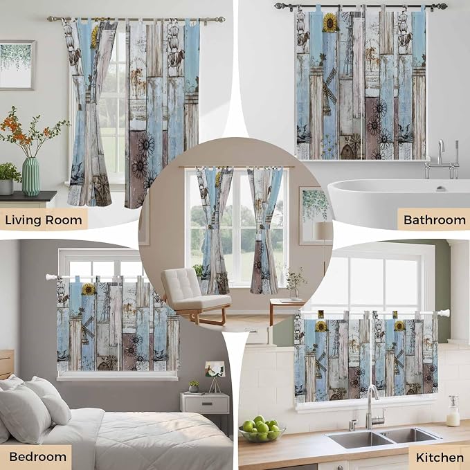 Blue Grey Wooden Kitchen Curtains 24 Inch Length, Small Window Curtains Tab Top - Image 7