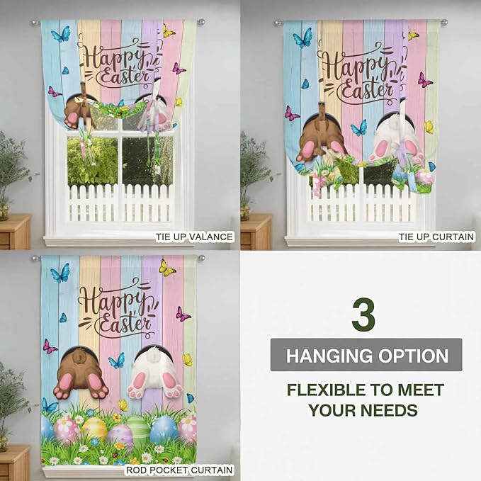 Tie Up Curtains, Happy Easter Rabbit Butt Egg on Daisy Leaf Adjustable Rod - Image 8