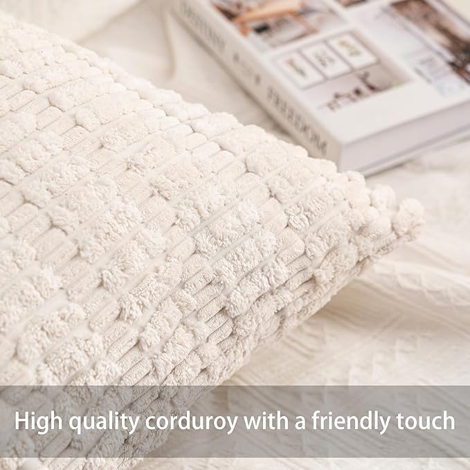 Pack of 2 Corduroy Decorative Throw Pillow Covers 12x24 Inch Soft Striped Pillow Covers Modern Farmhouse Home Decor for Sofa Living Room Couch Bed（White）