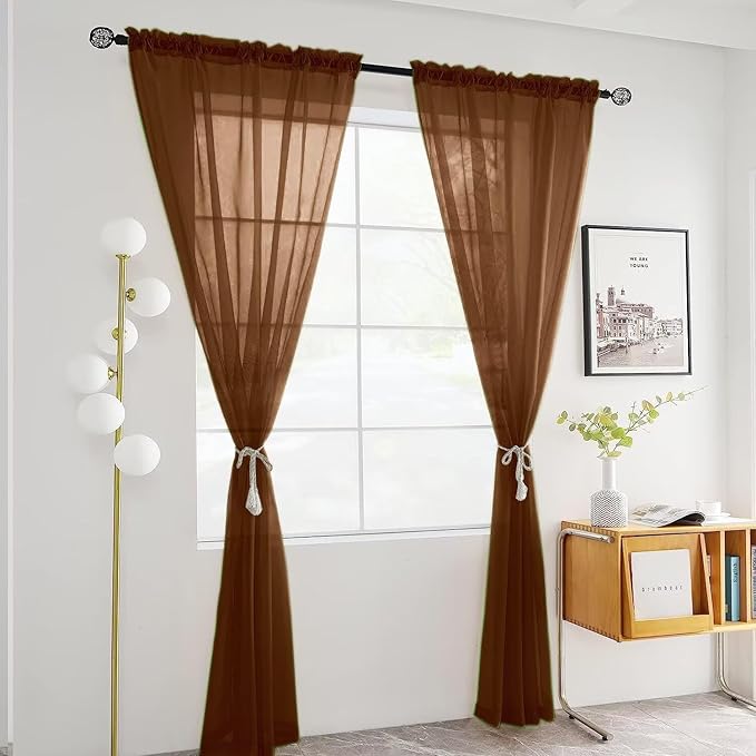 SpaceDresser Brown Sheer Curtains 4 Panels Rod Pocket Semi-Sheer Curtain 54 Inches Long Light Filtering Voile Window Drapes for Bedroom Living Room Kitchen, Each 52W x54L