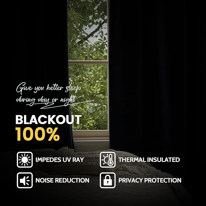 Yakamok 100% Blackout Curtain Panels 84 inches Cold and Light Blocking Drapes for Nursery, 2 Thick Layers Thermal Insulated Draperies (2 Pieces, 50 Wide Each Panel, Navy Blue/White Backing)