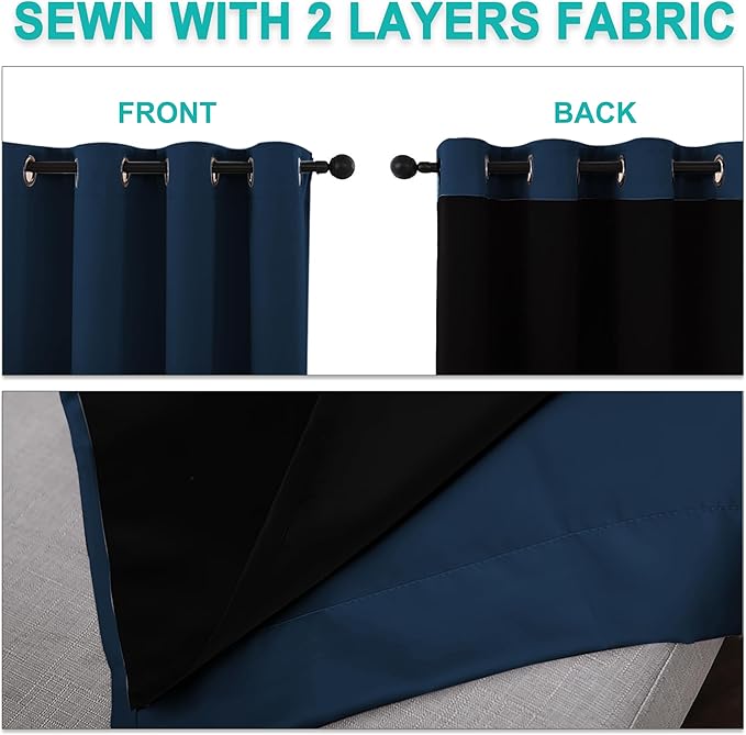 NICETOWN 100% Blackout Blinds, Set of 2, 46 inches x 96 inches, Laundry Room Decor Window Treatment Curtains for Large Patio Sliding Door, Thermal Insulated Moroccan Blue Curtains for Bedroom