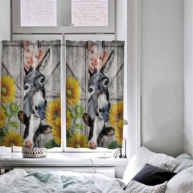 Farmhouse Tier Curtains 45 Inches Long, Vintage Sunflowers Animals Printed Wood - Image 5
