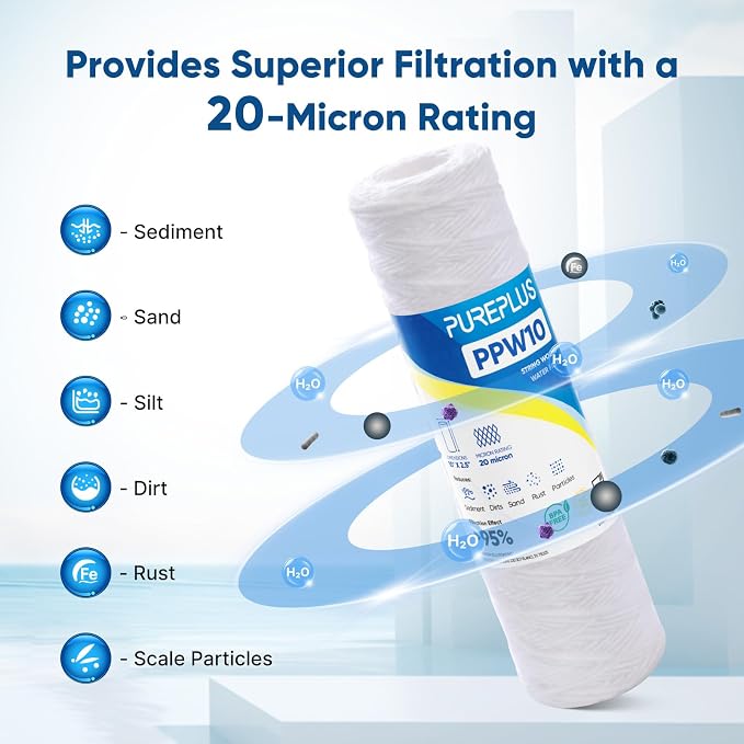 PUREPLUS 20 Micron 10"x2.5" Whole House String Wound Sediment Filter - Image 5