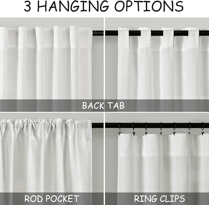 Off White Linen Curtains 80 inches Long for Bedroom Back Tab Light Filtering Privacy Sheer Curtains 2 Panel Set Modern Farmhouse Coastal Decor Cotton Textured Gauze Curtain 38x80 for Dinning Room