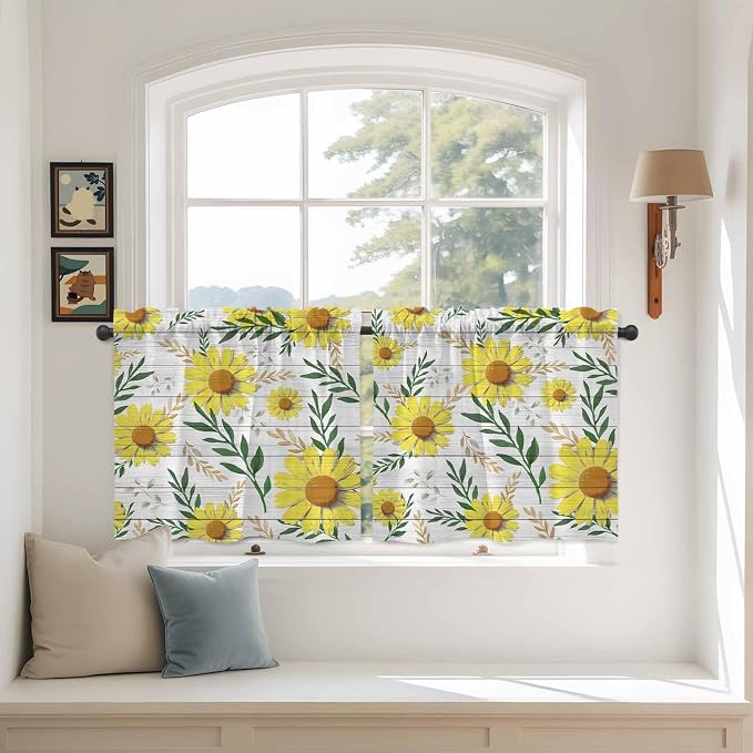 Yellow Daisy Tier Curtains, Farmhouse Country Flower Leaf Plant Wood Grain - Image 3