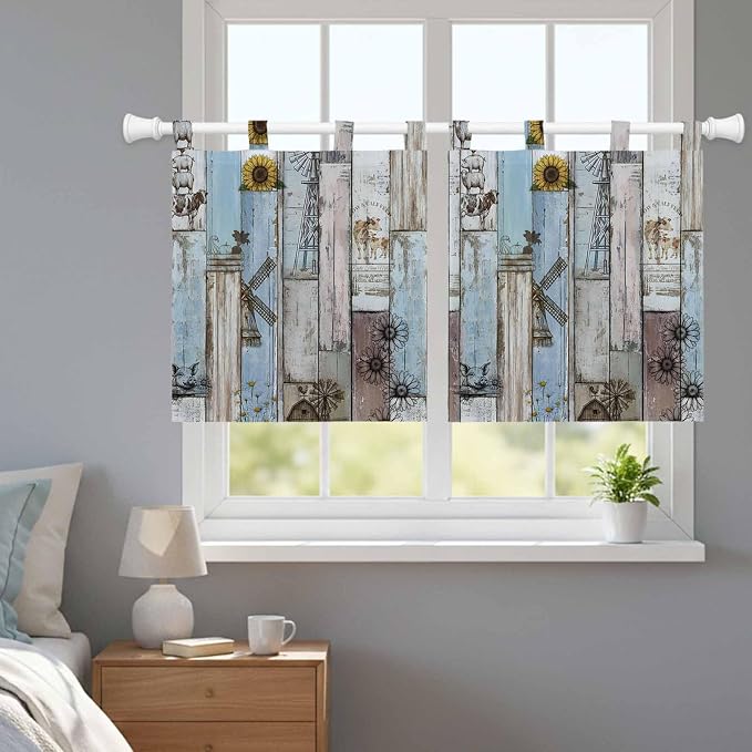 Blue Grey Wooden Kitchen Curtains 24 Inch Length, Small Window Curtains Tab Top - Image 9